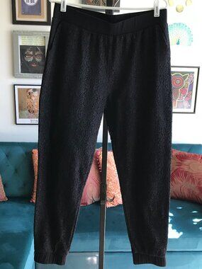 CAbi size M Black Stretch Pul-On Lace Joggers Style #3137 Lacy Track Pants